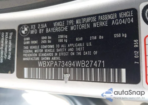 2004 BMW X3 2.5I z USA, uszkodzony, nr VIN WBXPA73494WB27471